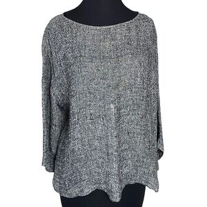 Eileen Fisher organic linen black and white knit textured blouse size medium